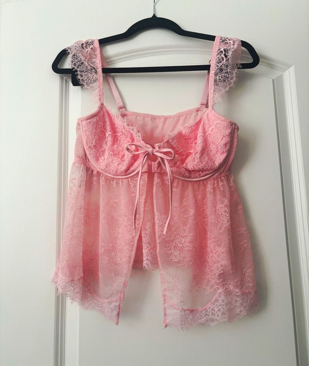 Victoria's Secret Pink Floral Lace Camisole Bow Accents Women's Size L